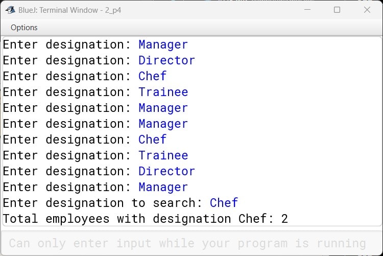 BlueJ output of EmployeeDesignation.java