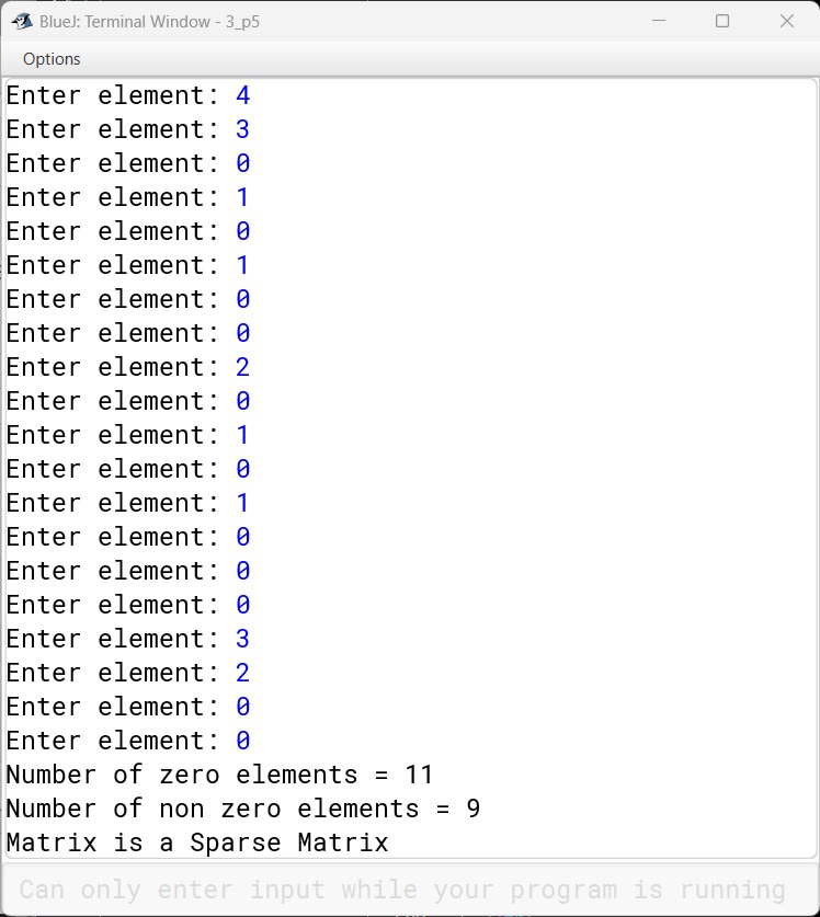 BlueJ output of SparseMatrix.java