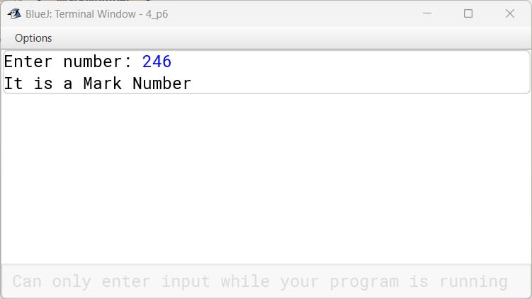 BlueJ output of MarkNumber.java