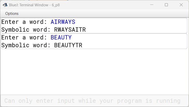 BlueJ output of SymbolicWord.java