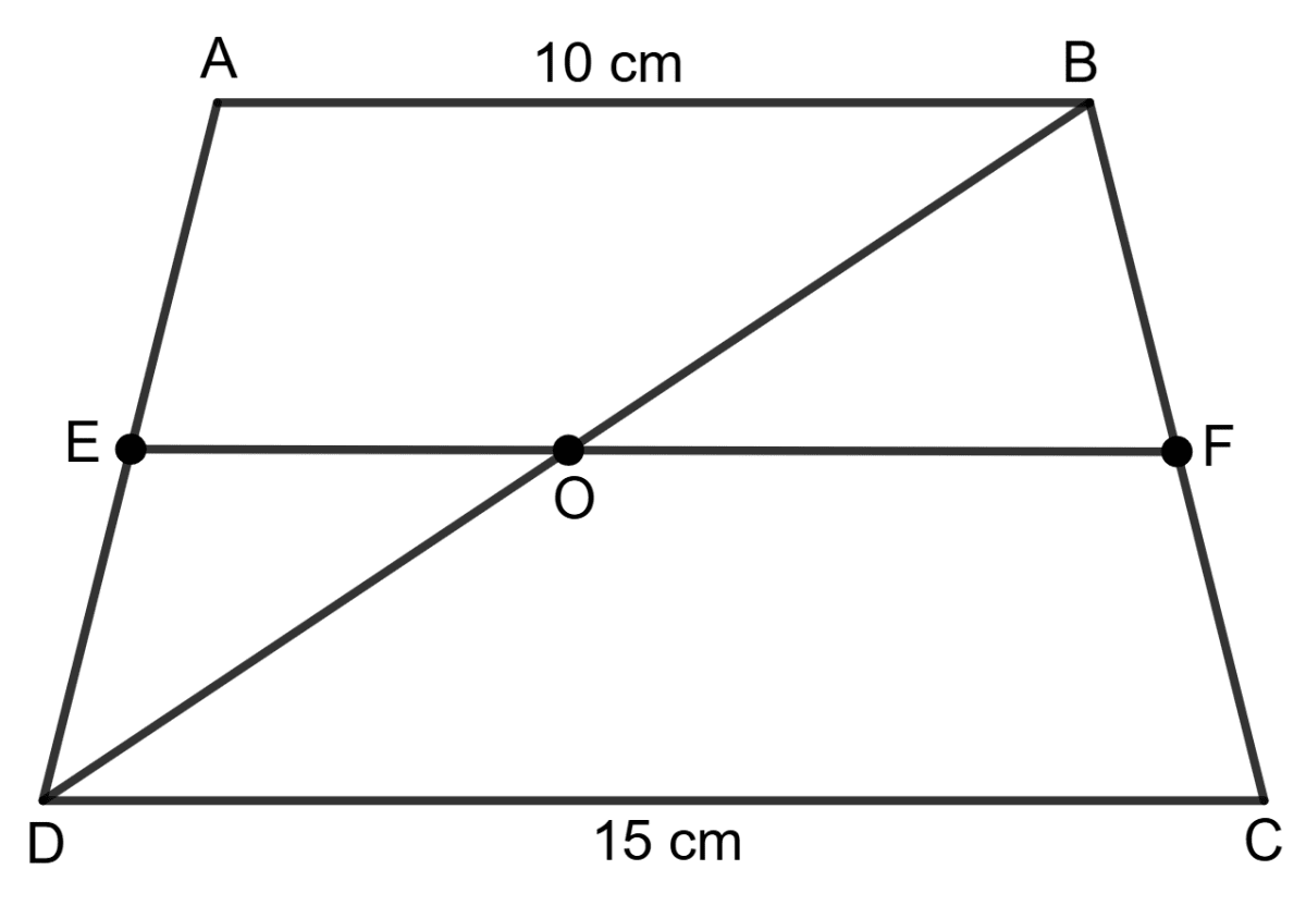 In a trapezium ABCD, AB and CD are parallel sides of length 10 cm and 15 cm respectively. Calculate the length of the line joining the mid-points of two non-parallel sides. Practice Test ICSE Mathematics Class 9.