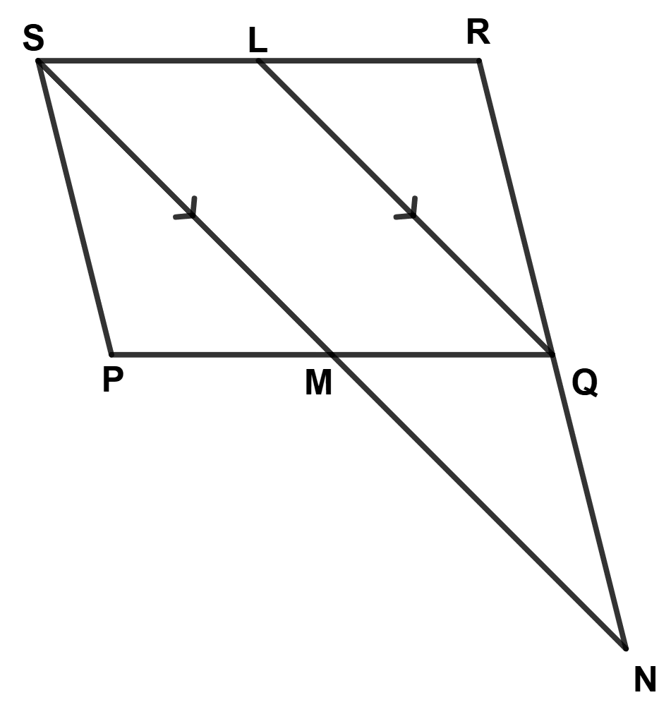 In parallelogram PQRS, L is mid-point of side SR and SN is drawn parallel to LQ which meets RQ produced at N and cuts side PQ at M. Given, RN = 25 cm calculate the length of SP. Practice Test ICSE Mathematics Class 9.