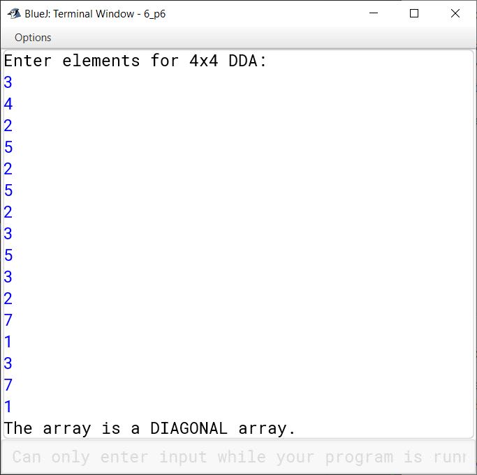 BlueJ output of KboatDiagonalDDA.java