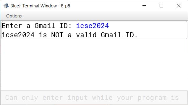 BlueJ output of KboatValidateGmail.java