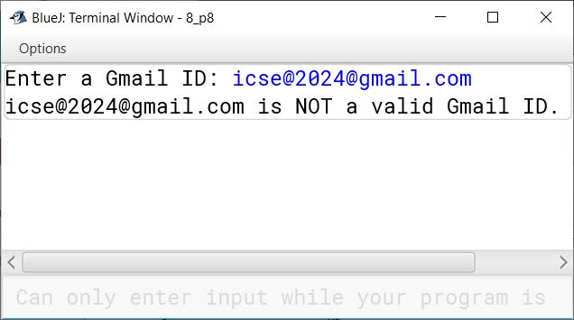 BlueJ output of KboatValidateGmail.java