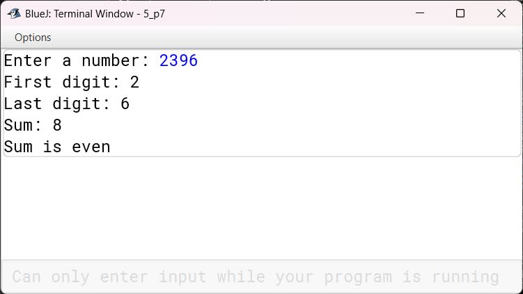 BlueJ output of FirstLastSum.java