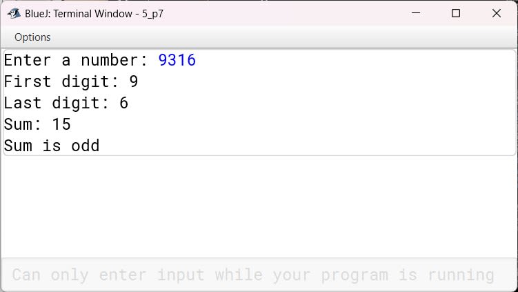 BlueJ output of FirstLastSum.java