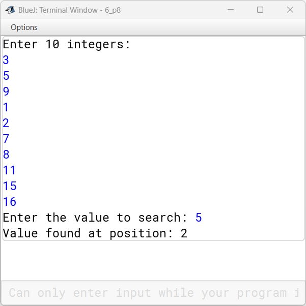 BlueJ output of LinearSearchArray.java
