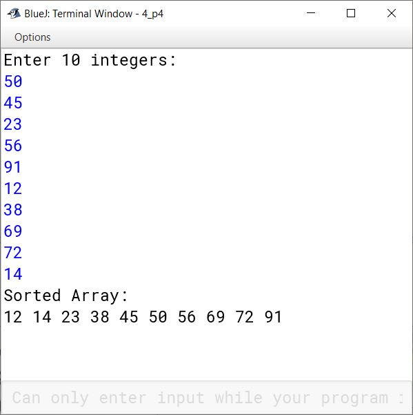 BlueJ output of KboatSelectionSort.java