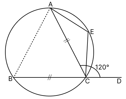 In the given diagram, chords AC and BC are equal. If ∠ACD = 120°, then ∠AEC is: ICSE 2025 Maths Solved Question Paper.
