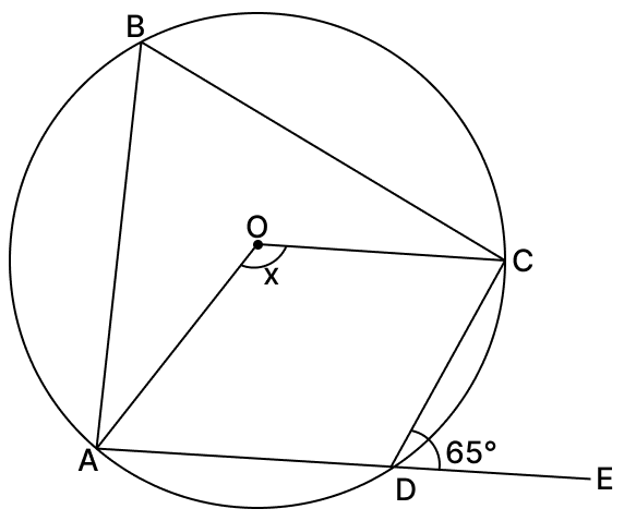 In the given diagram, O is the centre of the circle and ABCD is a cyclic quadrilateral. If ∠CDE = 65°, then the value of x is. ICSE 2026 Maths Solved Question Paper.