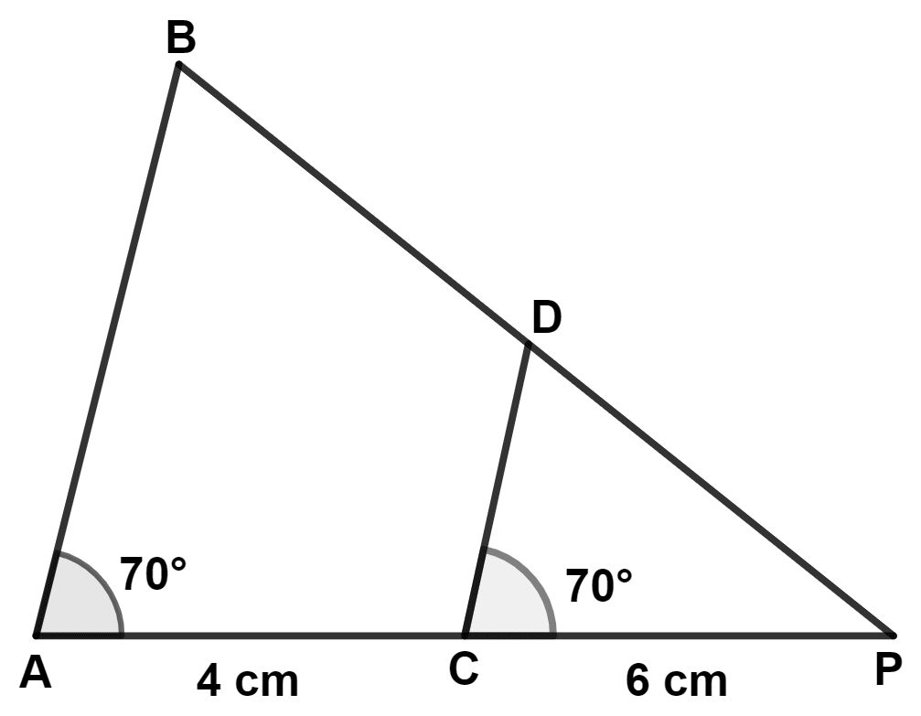 In the given figure ∠BAP = ∠DCP = 70°, PC = 6 cm and CA = 4 cm, then PD : DB is : ICSE 2023 Maths Solved Question Paper.