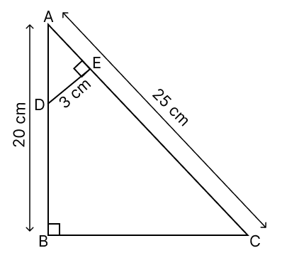In ΔABC, ∠ABC = 90°, AB = 20 cm, AC = 25 cm, DE is perpendicular to AC such that ∠DEA = 90° and DE = 3 cm as shown in the given figure. ICSE 2025 Maths Solved Question Paper.