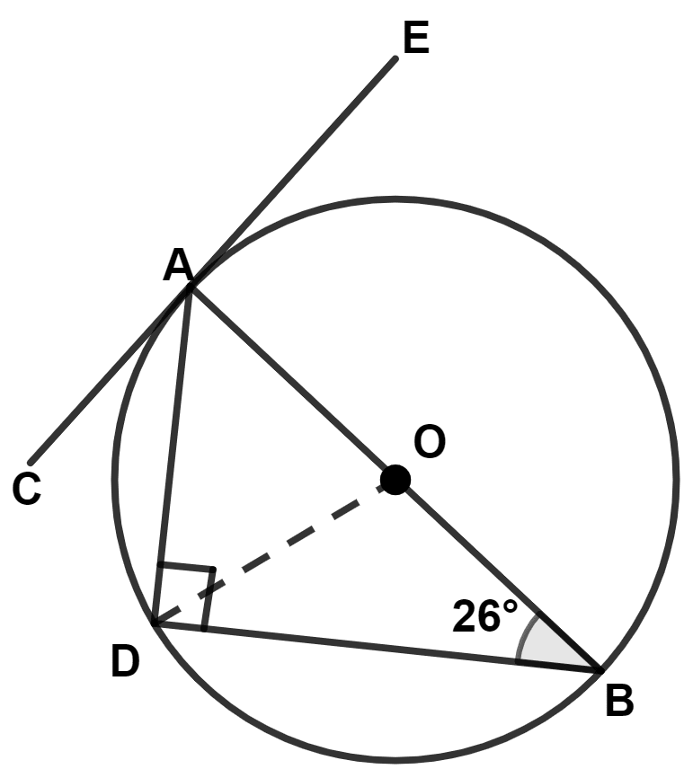 In the given figure O, is the center of the circle. CE is a tangent to the circle at A. If ∠ABD = 26°, then find : ICSE 2023 Maths Solved Question Paper.