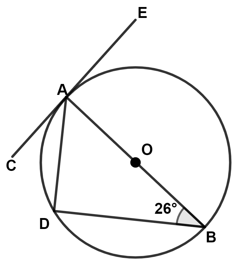 In the given figure O, is the center of the circle. CE is a tangent to the circle at A. If ∠ABD = 26°, then find : ICSE 2023 Maths Solved Question Paper.