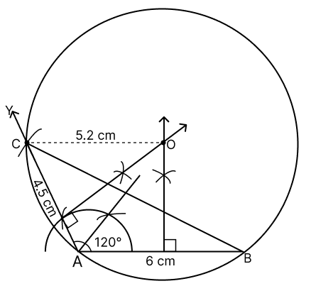 Use ruler and compass for the following construction. Construct a ΔABC, where AB = 6 cm, AC = 4.5 cm and ∠BAC = 120°. Construct a circle circumscribing the ΔABC. ICSE 2025 Maths Solved Question Paper.