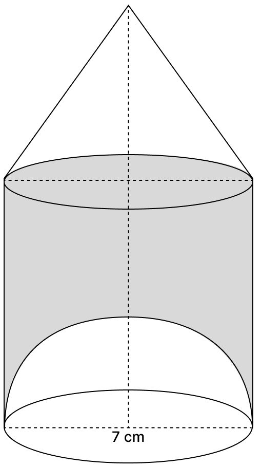 An eye drop bottle is prepared consisting of a hemisphere, a cylinder and a conical cap, as shown in the given diagram. Height of the cylindrical and conical parts are each, equal to the diameter (7 cm). Find the. ICSE 2026 Maths Solved Question Paper.
