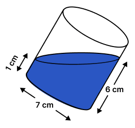 In the adjoining diagram, a tilted right circular cylindrical vessel with base diameter 7 cm contains a liquid. When placed vertically, the height of the liquid in the vessel is the mean of two heights shown in the diagram. Find the area of wet surface, when the cylinder is placed vertically on a horizontal surface. ICSE 2025 Maths Solved Question Paper.