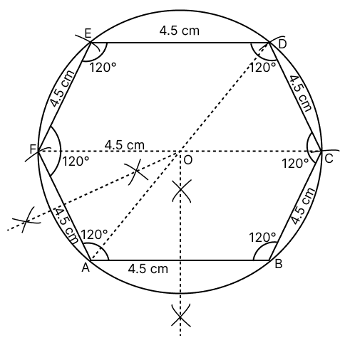 Construct a regular hexagon of side 4.5 cm. Hence, construct a circle circumscribing the regular hexagon. Use ruler and compass for the construction. Measure and write down the radius of the circle. ICSE 2025 Improvement Maths Solved Question Paper.