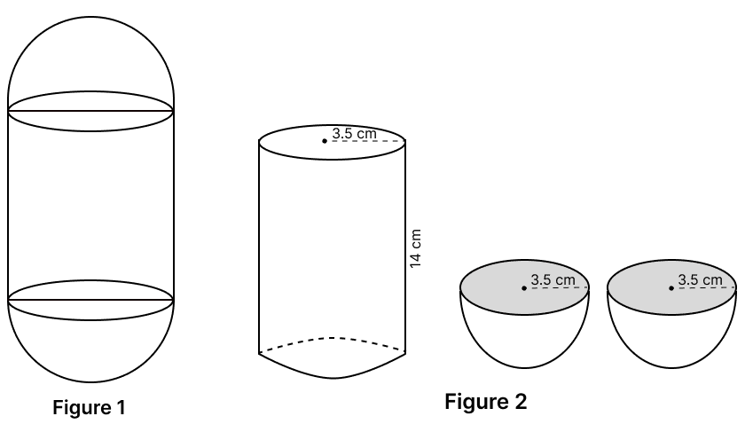 A solid wooden capsule is shown in Figure 1. The capsule is formed of a cylindrical block and two hemispheres. ICSE 2025 Maths Solved Question Paper.
