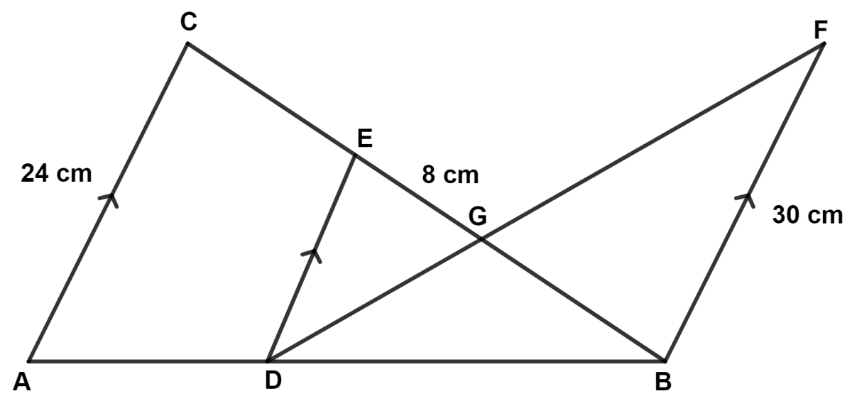 In the given figure, AC // DE // BF. If AC = 24 cm, EG = 8 cm, GB = 16 cm, BF = 30 cm. ICSE 2023 Maths Solved Question Paper.