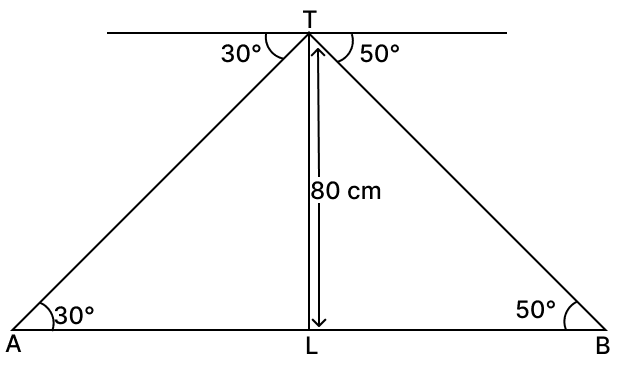 A man on the top of a lighthouse observes the angle of depression of two ships on the opposite sides of the lighthouse as 30° and 50° respectively. If the height of the lighthouse is 80 m, find the distance between the two ships. ICSE 2026 Maths Solved Question Paper.