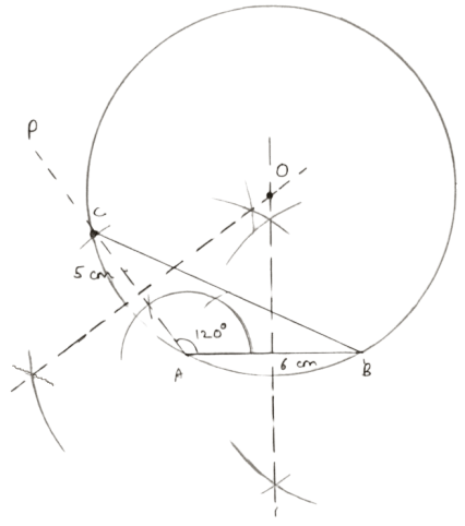 Using ruler and compass construct a triangle ABC in which AB = 6 cm. ∠BAC = 120° and AC = 5 cm. Construct a circle passing through A, B and C. Measure and write down the radius of the circle. ICSE 2023 Maths Solved Question Paper.