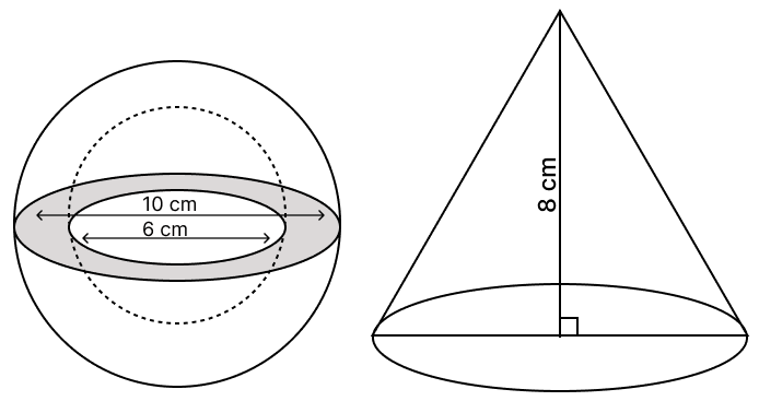 A hollow sphere of external diameter 10 cm and internal diameter 6 cm is melted and made into a solid right circular cone of height 8 cm. Find the radius of the cone so formed. ICSE 2025 Maths Solved Question Paper.