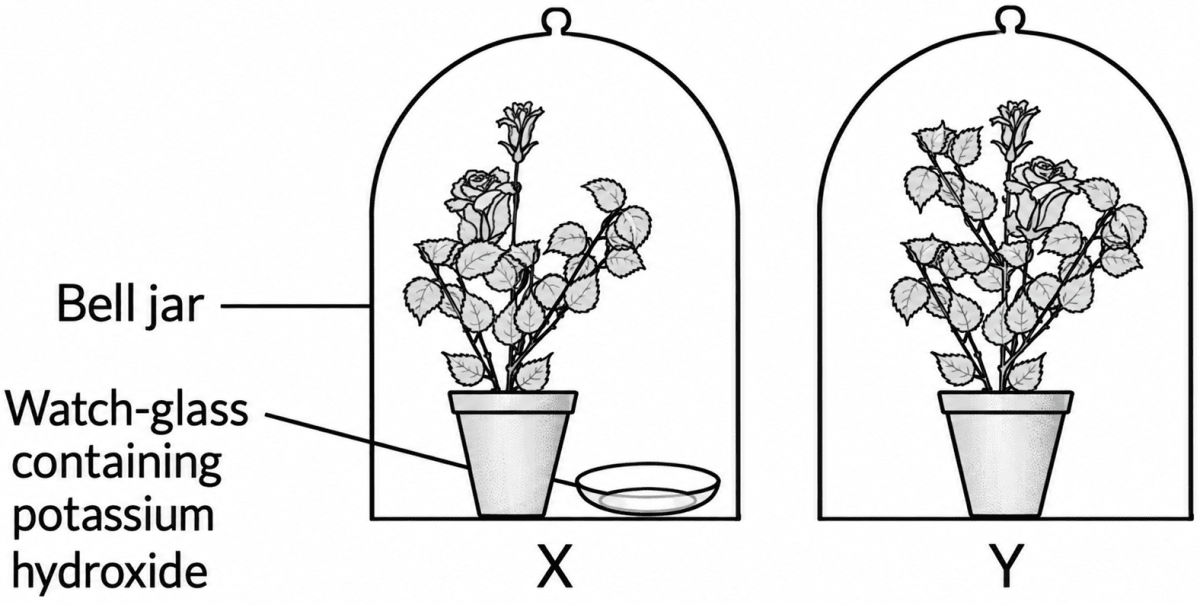 A potted plant under a bell jar with a watch glass containing potassium hydroxide is placed under sunlight for three hours. After exposure to sunlight none of the leaves of the plant X turned blue black when tested with iodine, while the leaves of the control plant Y did. What is the aim of the experiment? Specimen Paper 2027, ICSE Biology 2027 Specimen Paper Solved.