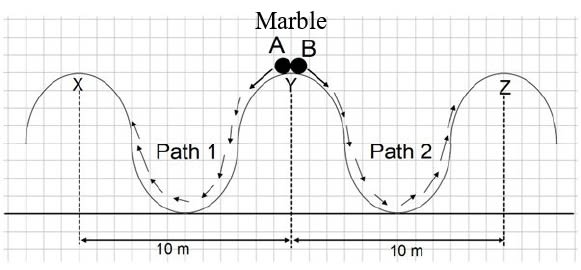 Two identical marbles A and B are rolled down along Path 1 and Path 2 respectively. Path 1 is frictionless and Path 2 is rough. ICSE 2024 Physics Solved Question Paper.