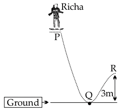 Richa weighing 40 kgf leaves point P on her skateboard and reaches point Q on the ground with velocity 10. ICSE 2025 Physics Solved Question Paper.