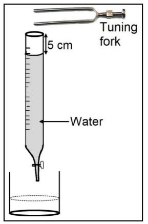 In the given diagram, a vibrating tuning fork is kept near the mouth of a burette filled with water. The length of the air column is adjusted by opening the tap of the burette. At a length of 5 cm of the air column, a loud sound is heard. ICSE 2024 Physics Solved Question Paper.