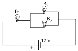 Three identical bulbs B1, B2 and B3 each of power rating 18 W, 12 V are connected to a battery of 12 V. ICSE 2025 Physics Solved Question Paper.