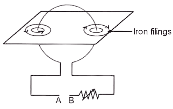 The diagram below shows a cardboard on which iron filings are kept. A wire bent in the form of a loop is seen passing through the cardboard. ICSE 2025 Specimen Physics Solved Question Paper.