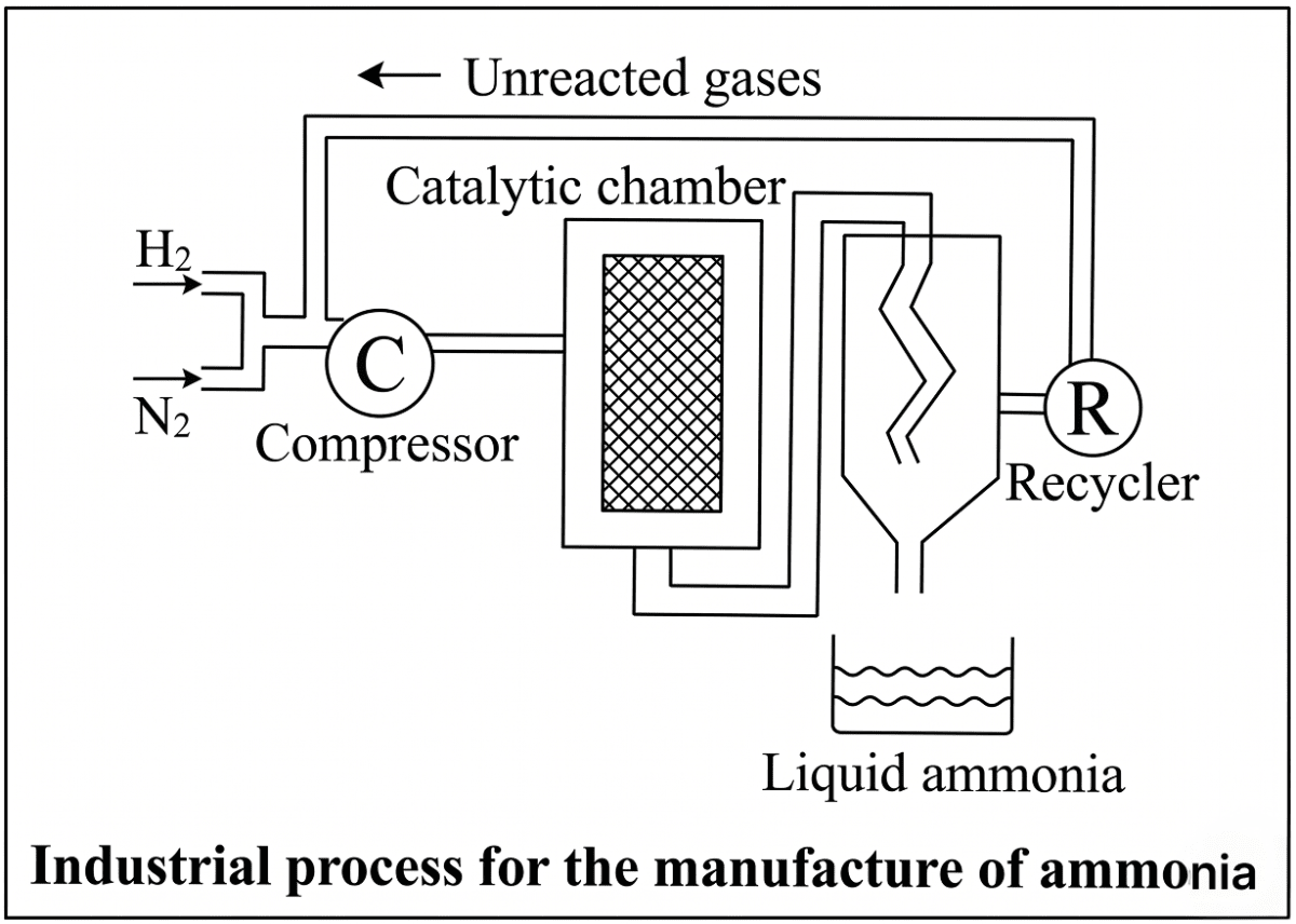 Given below is the industrial process for the manufacture of ammonia gas. Study the schematic diagram to answer the following questions. ICSE 2026 Chemistry Solved Question Paper.