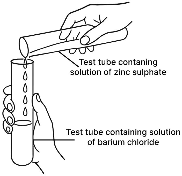 A student was asked to perform two experiments in the laboratory based on the instructions given: Observe the picture given below and state one observation for each of the Experiments 1 and 2 that you would notice on mixing the given solutions. ICSE 2026 Specimen Chemistry Solved Question Paper.