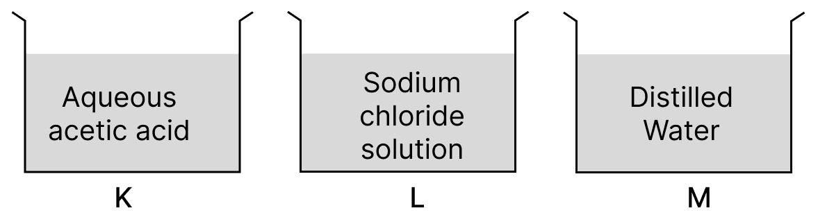 K, L and M are beakers containing three different solutions as shown below. ICSE 2026 Chemistry Solved Question Paper.