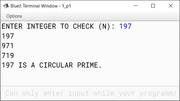 BlueJ output of CircularPrime.java