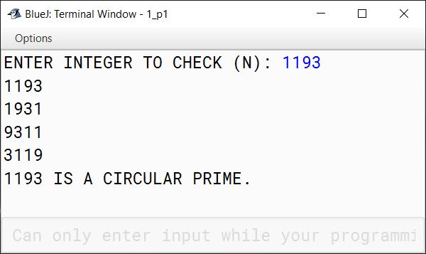 BlueJ output of CircularPrime.java