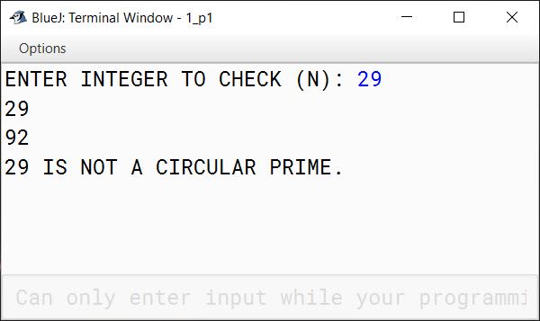 BlueJ output of CircularPrime.java