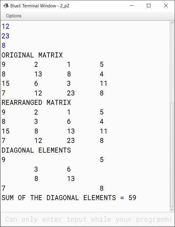 BlueJ output of MatrixSort.java