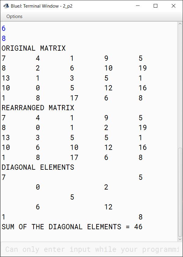 BlueJ output of MatrixSort.java