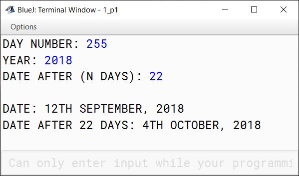 BlueJ output of DateCalculator.java