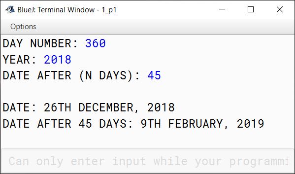 BlueJ output of DateCalculator.java