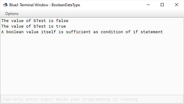 BlueJ output of program demonstrating boolean data type in Java