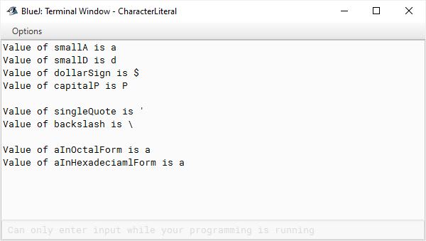 BlueJ output of Java program demonstrating character literals for ICSE Computer Applications course