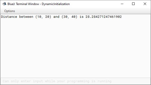 BlueJ output of Java program demonstrating dynamic initialization of variables for ICSE Computer Applications course