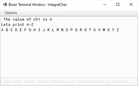 BlueJ output of program demonstrating char data type in Java