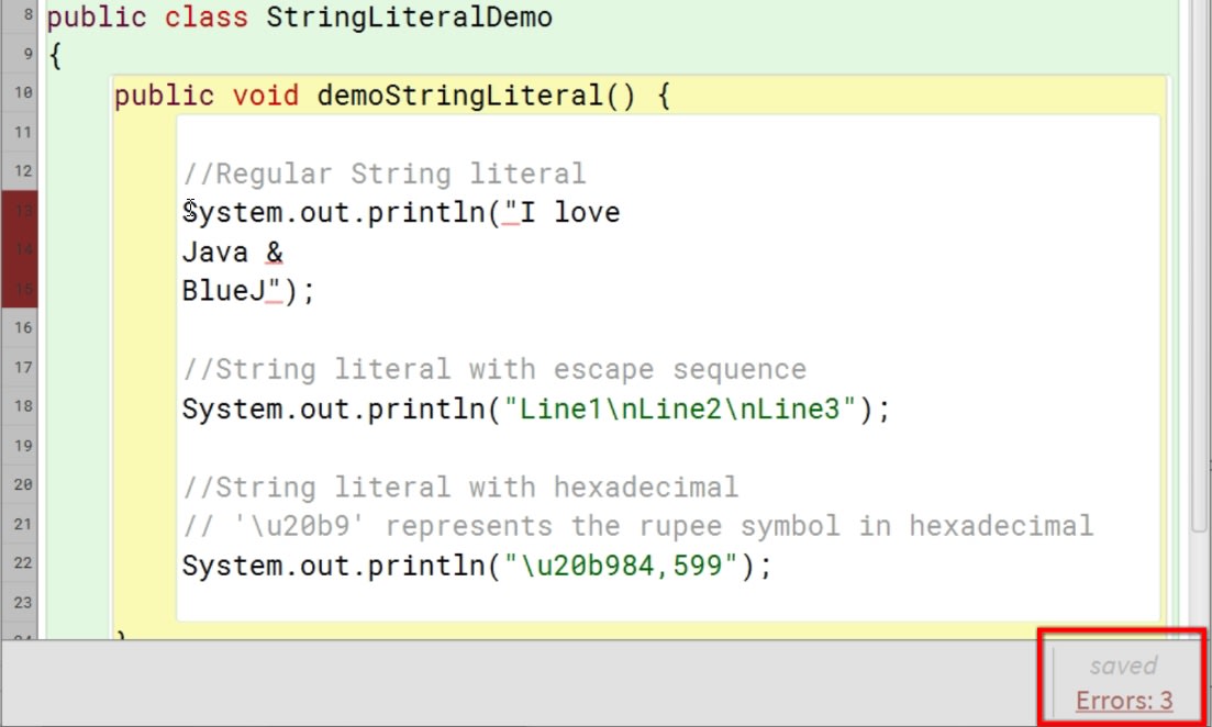 BlueJ output of Java program demonstrating string literals for ICSE Computer Applications course