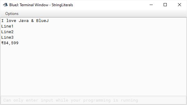 BlueJ output of Java program demonstrating string literals for ICSE Computer Applications course